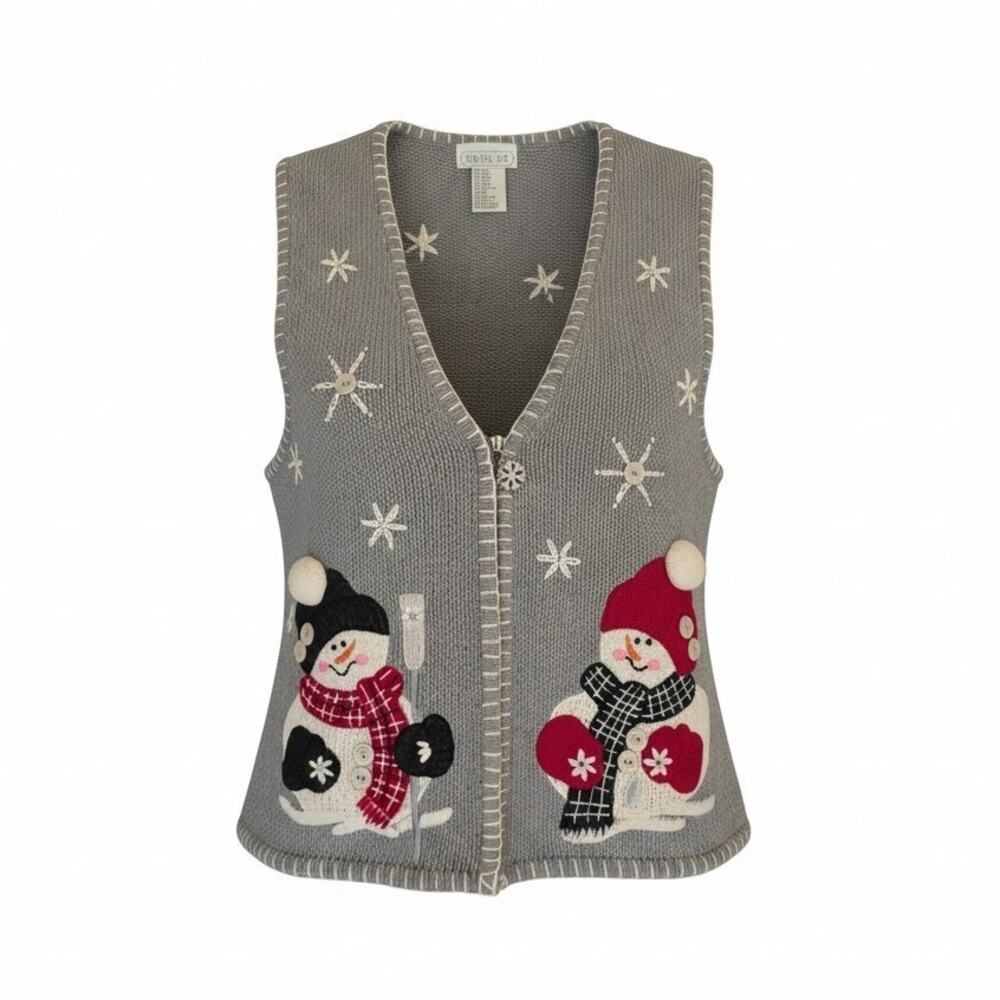 Mandal Bay Vtg 90s Women's XL Christmas Snowman Gray Zip Holiday Sweater Vest